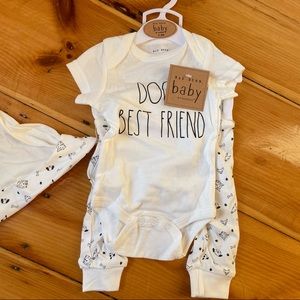 NWT Rae Dunn Dog’s Best Friend Onesie Pants & Hat Matching Infant Set 0-3